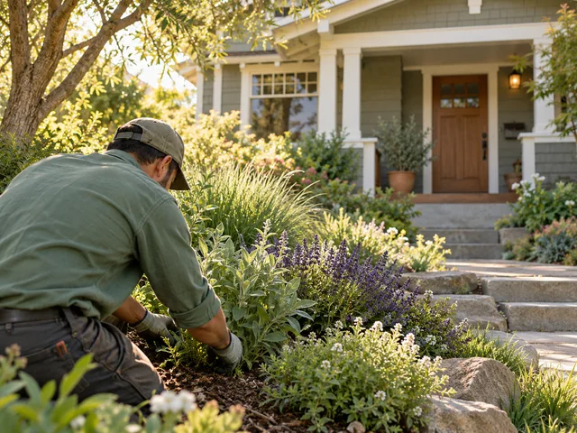 A landscaper tending a garden outside a California home.